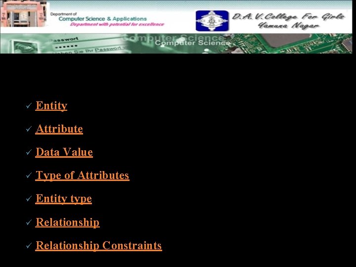 TOPICS TO BE DISCUSSED………………. ü Entity ü Attribute ü Data Value ü Type of