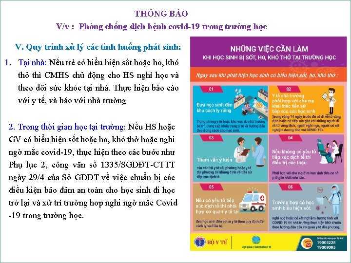 THÔNG BÁO V/v : Phòng chống dịch bệnh covid-19 trong trường học V. Quy