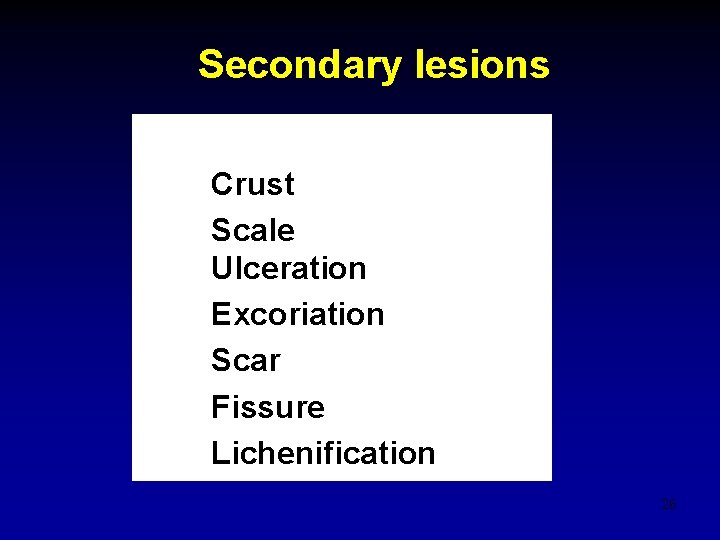 Secondary lesions Crust Scale Ulceration Excoriation Scar Fissure Lichenification 26 