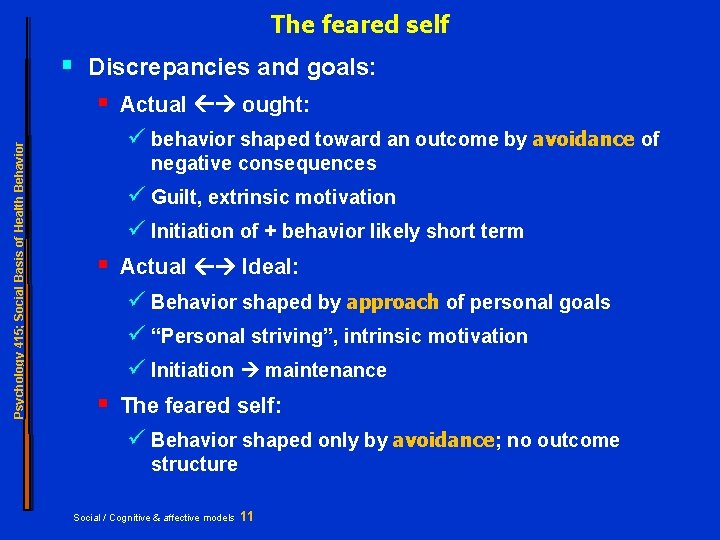 The feared self § Discrepancies and goals: Psychology 415; Social Basis of Health Behavior
