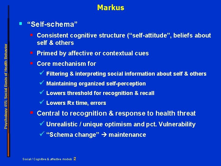 Markus § “Self-schema” Psychology 415; Social Basis of Health Behavior § Consistent cognitive structure