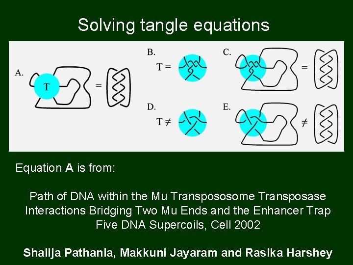 Solving tangle equations Equation A is from: Path of DNA within the Mu Transpososome