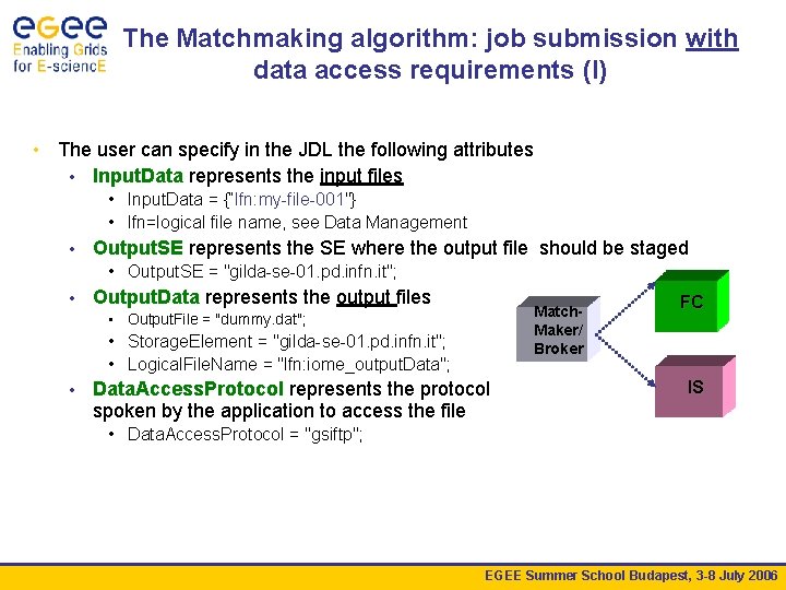 The Matchmaking algorithm: job submission with data access requirements (I) • The user can