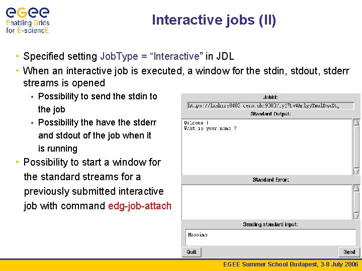 Interactive jobs (II) • Specified setting Job. Type = “Interactive” in JDL • When