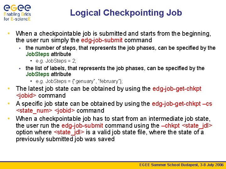 Logical Checkpointing Job • When a checkpointable job is submitted and starts from the