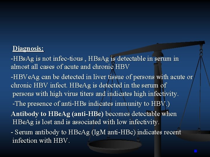 Diagnosis: HBs. Ag is not infec tious , HBs. Ag is detectable in serum