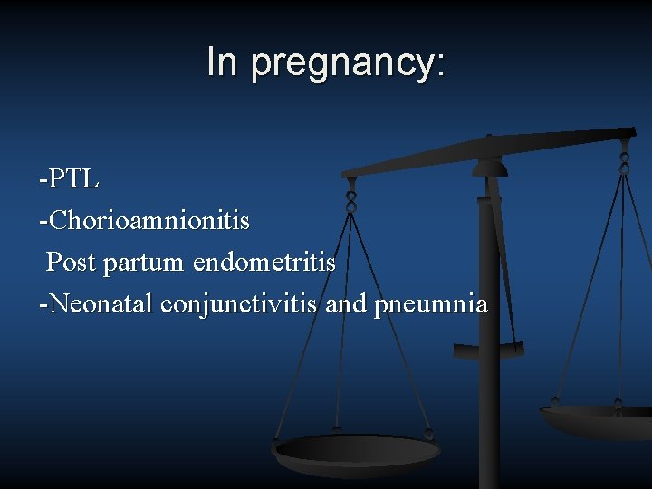 In pregnancy: PTL Chorioamnionitis Post partum endometritis Neonatal conjunctivitis and pneumnia 