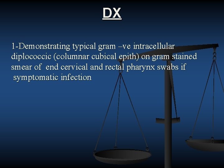 DX 1 Demonstrating typical gram –ve intracellular diplococcic (columnar cubical epith) on gram stained