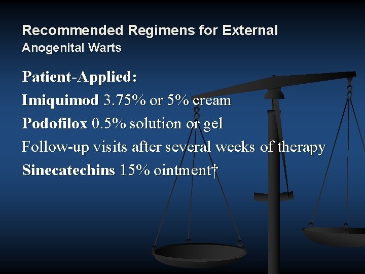 Recommended Regimens for External Anogenital Warts Patient-Applied: Imiquimod 3. 75% or 5% cream Podofilox