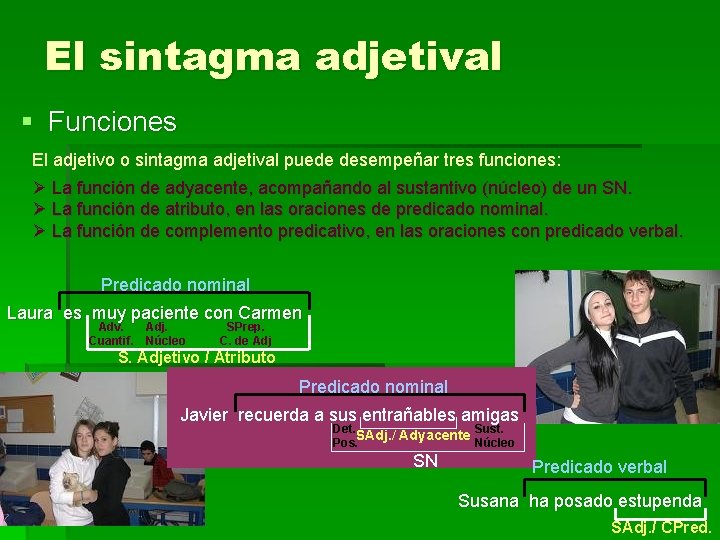 El sintagma adjetival § Funciones El adjetivo o sintagma adjetival puede desempeñar tres funciones: