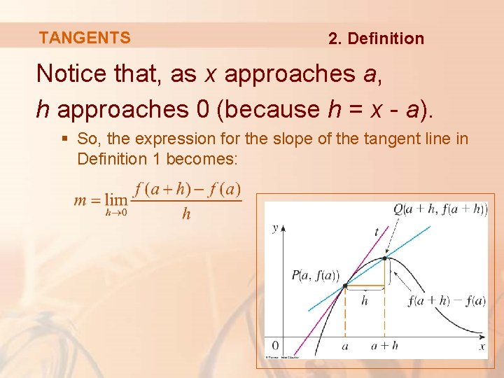 TANGENTS 2. Definition Notice that, as x approaches a, h approaches 0 (because h