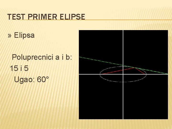 TEST PRIMER ELIPSE » Elipsa Poluprecnici a i b: 15 i 5 Ugao: 60°