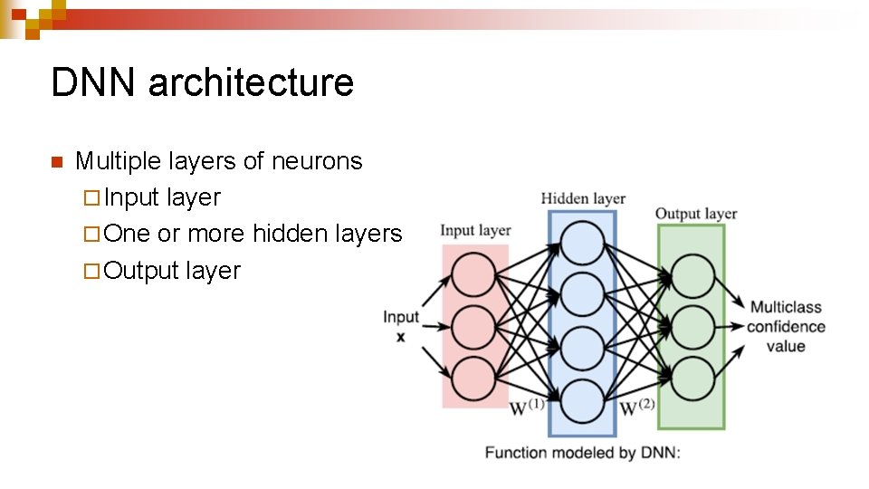 DNN architecture n Multiple layers of neurons ¨ Input layer ¨ One or more