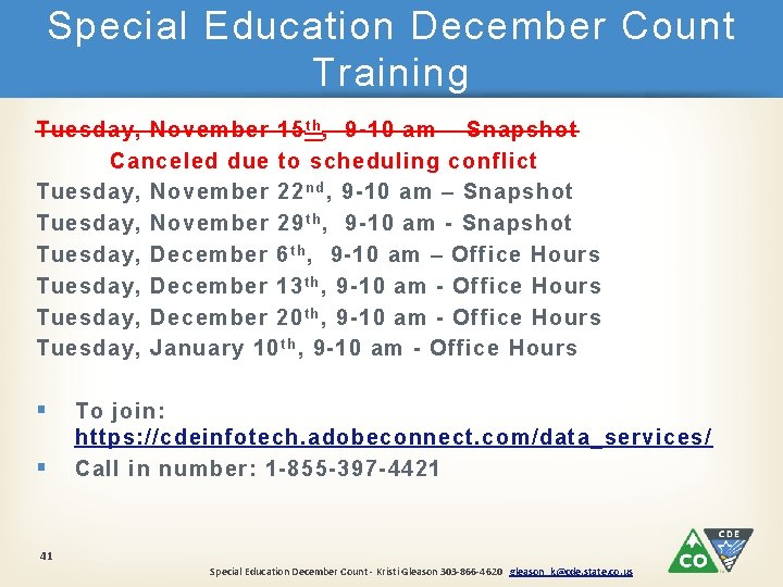Special Education December Count Training Tuesday, November 15 t h , 9 -10 am