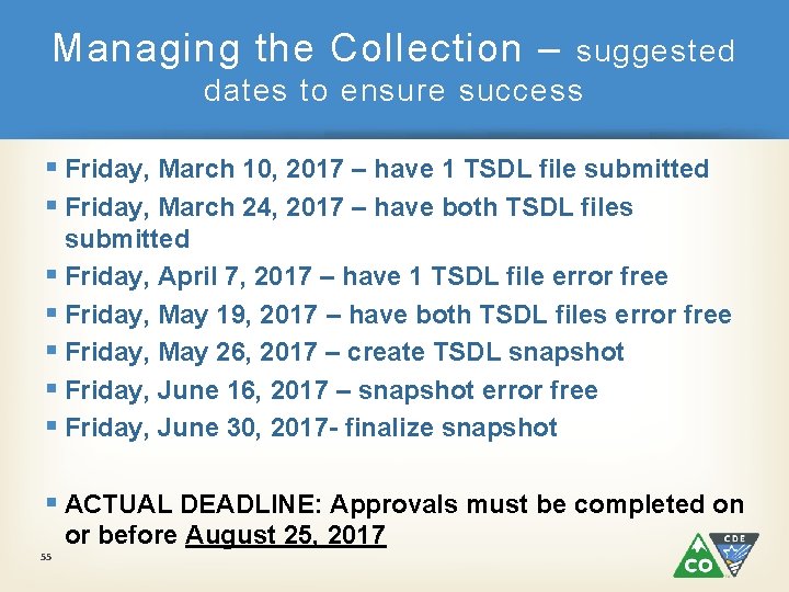 Managing the Collection – suggested dates to ensure success § Friday, March 10, 2017