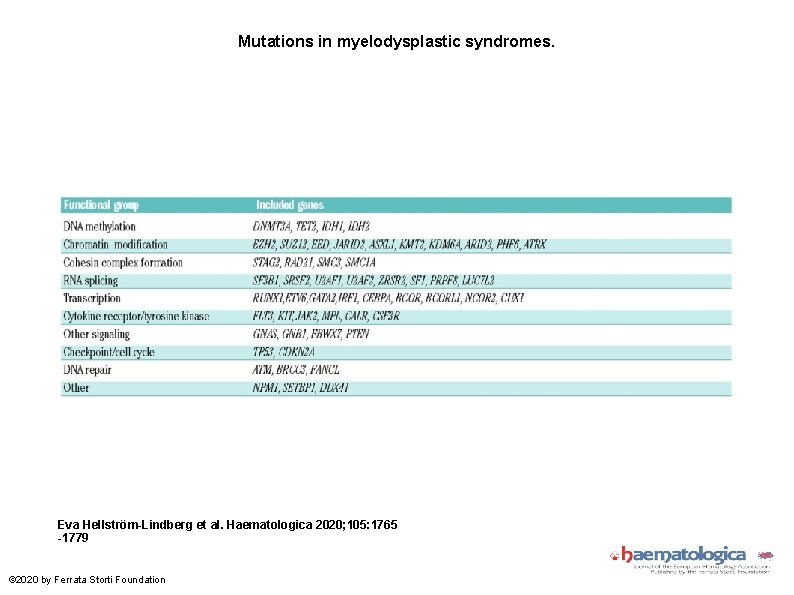 Mutations in myelodysplastic syndromes. Eva Hellström-Lindberg et al. Haematologica 2020; 105: 1765 -1779 ©