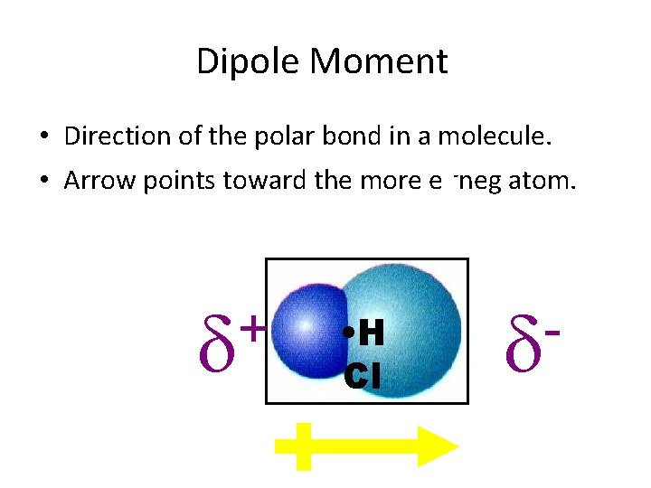 Dipole Moment • Direction of the polar bond in a molecule. • Arrow points