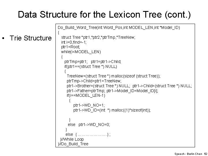 Data Structure for the Lexicon Tree (cont. ) • Trie Structure Do_Build_Word_Tree(int Word_Pos, int