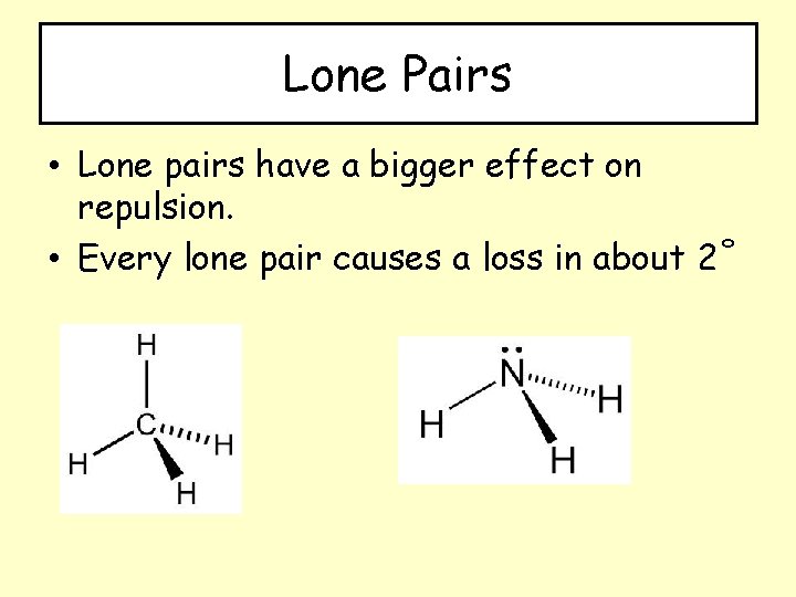 Lone Pairs • Lone pairs have a bigger effect on repulsion. • Every lone