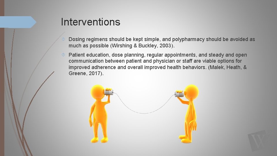 Interventions Dosing regimens should be kept simple, and polypharmacy should be avoided as much