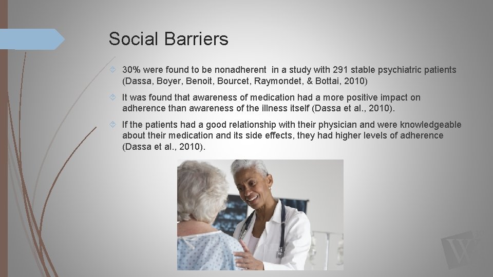 Social Barriers 30% were found to be nonadherent in a study with 291 stable