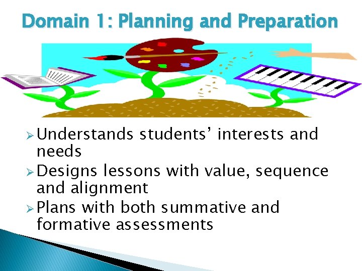 Domain 1: Planning and Preparation Ø Understands students’ interests and needs Ø Designs lessons