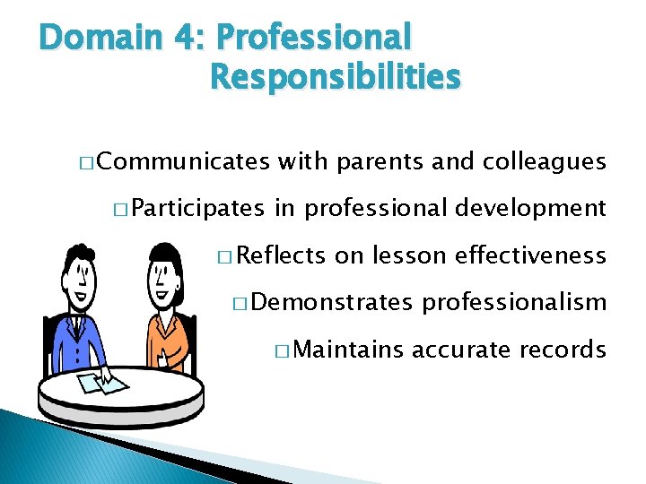 Domain 4: Professional Responsibilities � Communicates with parents and colleagues � Participates in professional