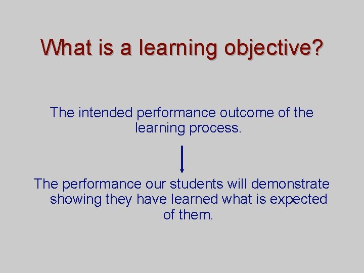 What is a learning objective? The intended performance outcome of the learning process. The