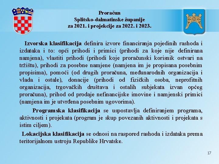 Proračun Splitsko-dalmatinske županije za 2021. i projekcije za 2022. i 2023. Izvorska klasifikacija definira