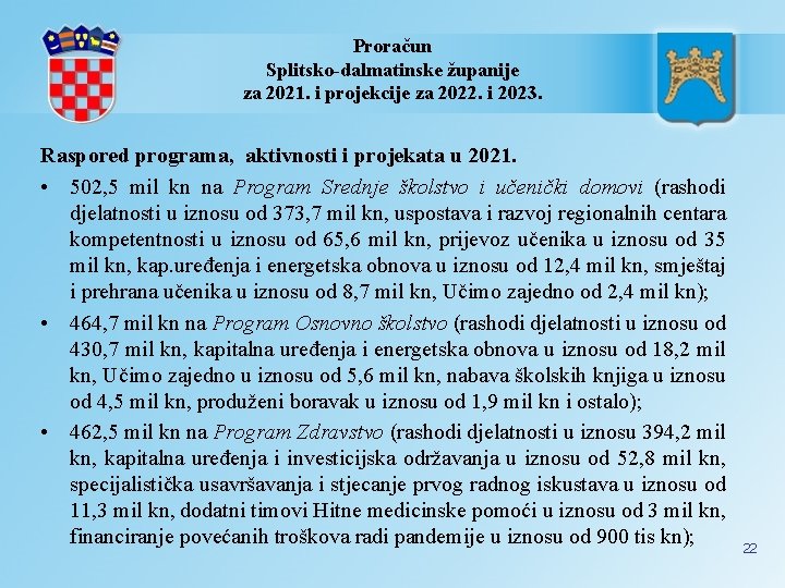 Proračun Splitsko-dalmatinske županije za 2021. i projekcije za 2022. i 2023. Raspored programa, aktivnosti