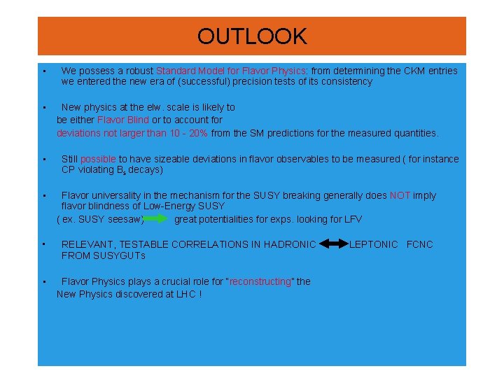 OUTLOOK • • • We possess a robust Standard Model for Flavor Physics: from