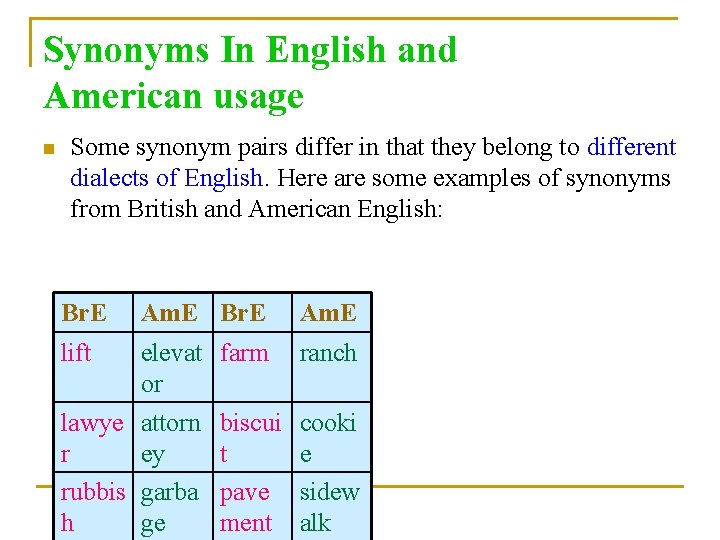 Synonyms In English and American usage n Some synonym pairs differ in that they