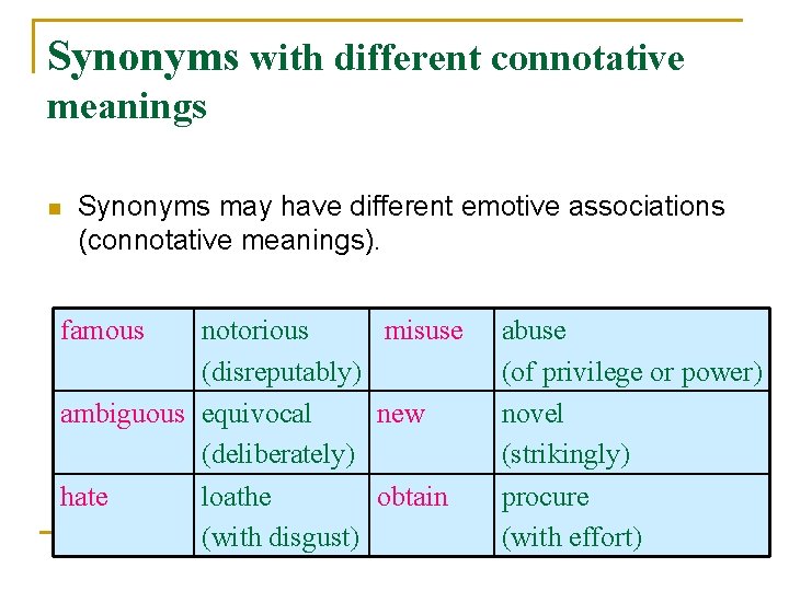 Synonyms with different connotative meanings n Synonyms may have different emotive associations (connotative meanings).