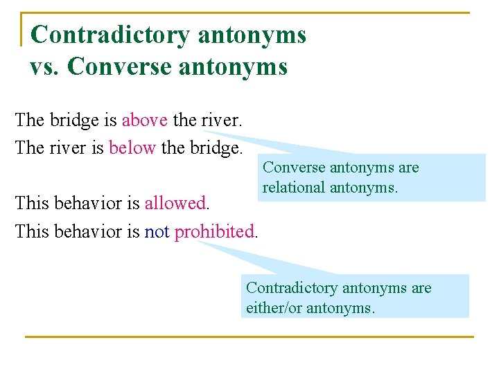 Contradictory antonyms vs. Converse antonyms The bridge is above the river. The river is