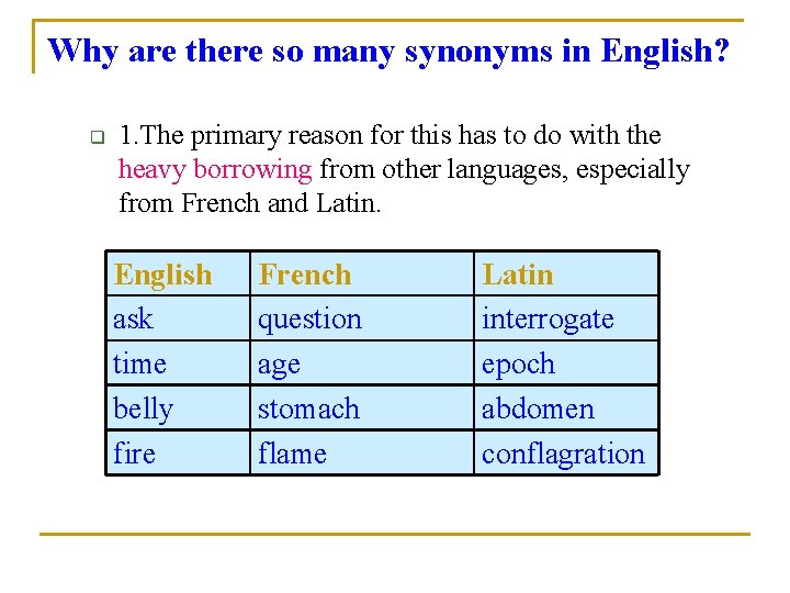 Why are there so many synonyms in English? q 1. The primary reason for