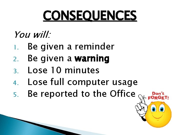 CONSEQUENCES You will: 1. 2. 3. 4. 5. Be given a reminder Be given