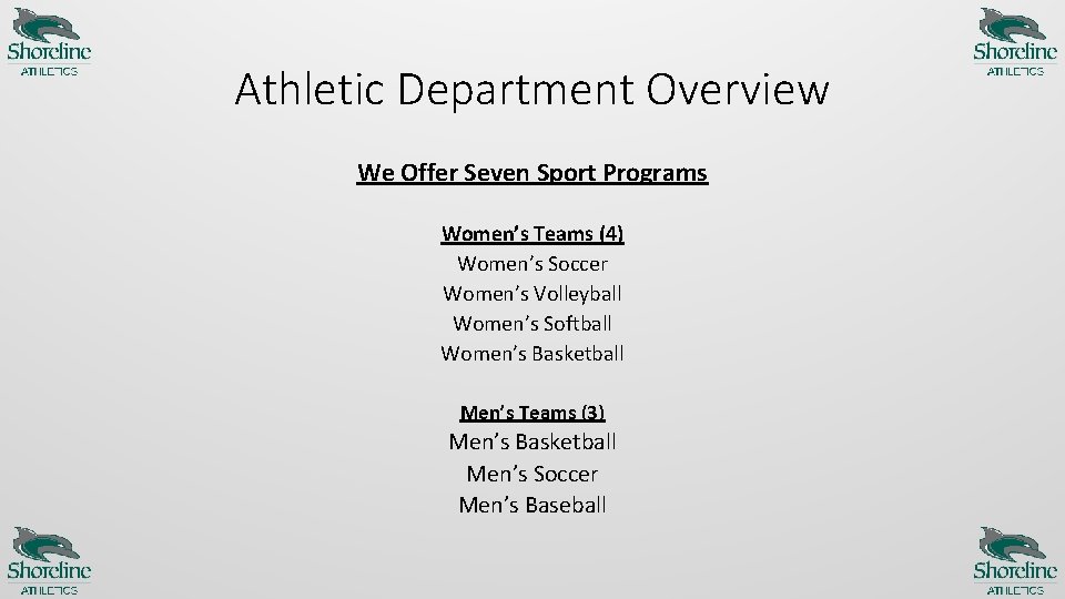 Athletic Department Overview We Offer Seven Sport Programs Women’s Teams (4) Women’s Soccer Women’s