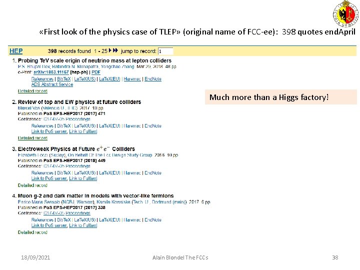  «First look of the physics case of TLEP» (original name of FCC-ee): 398