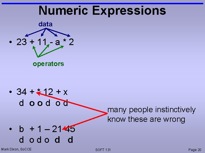 Numeric Expressions data • 23 + 11 - a * 2 operators • 34