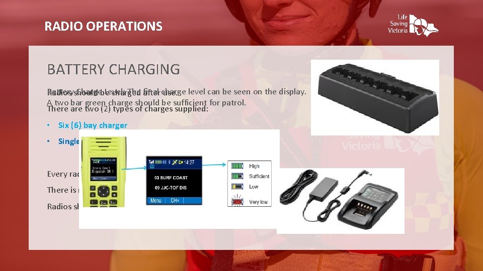 RADIO OPERATIONS BATTERY CHARGING Batteryshould Chargebe Level: The after final charge Radios charged use.