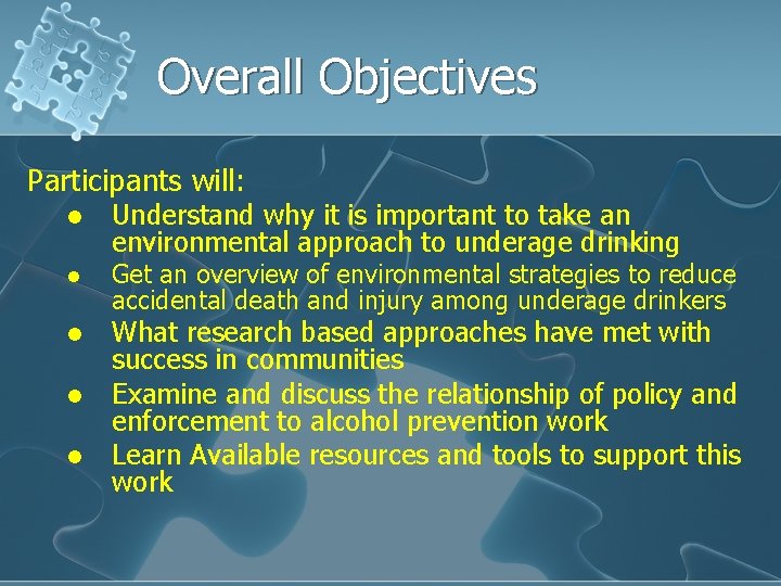 Overall Objectives Participants will: l l l Understand why it is important to take