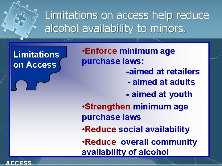 Limitations on access help reduce alcohol availability to minors. Limitations on Access ACCESS •