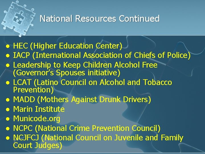 National Resources Continued l l l l l HEC (Higher Education Center) IACP (International