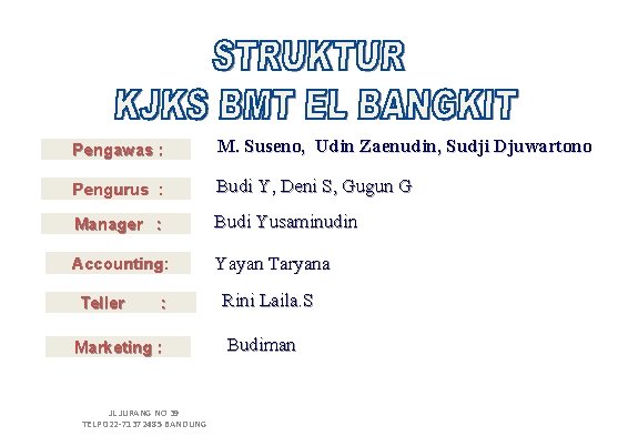 Pengawas : M. Suseno, Udin Zaenudin, Sudji Djuwartono Pengurus : Budi Y, Deni S,