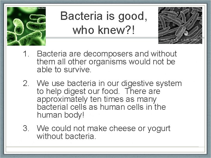 Bacteria is good, who knew? ! 1. Bacteria are decomposers and without them all