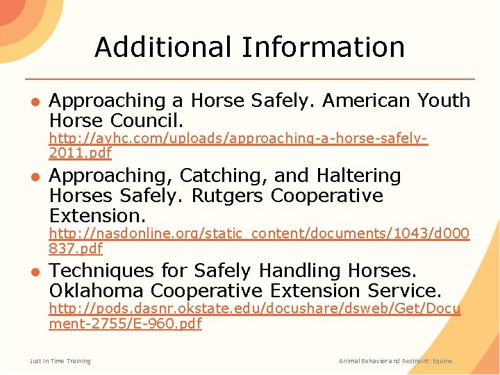 Additional Information ● Approaching a Horse Safely. American Youth Horse Council. http: //ayhc. com/uploads/approaching-a-horse-safely