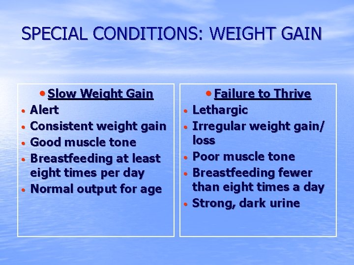 SPECIAL CONDITIONS: WEIGHT GAIN • Slow Weight Gain • • • Alert Consistent weight