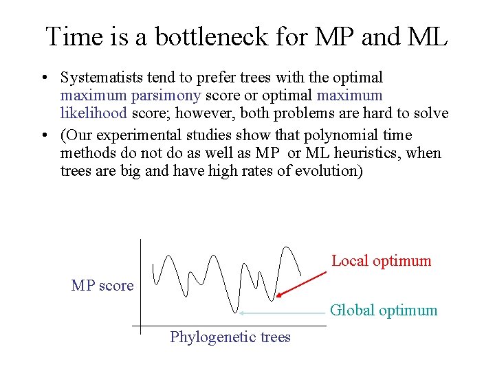 Time is a bottleneck for MP and ML • Systematists tend to prefer trees