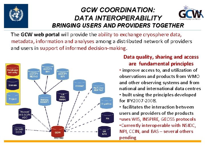GCW COORDINATION: DATA INTEROPERABILITY BRINGING USERS AND PROVIDERS TOGETHER The GCW web portal will