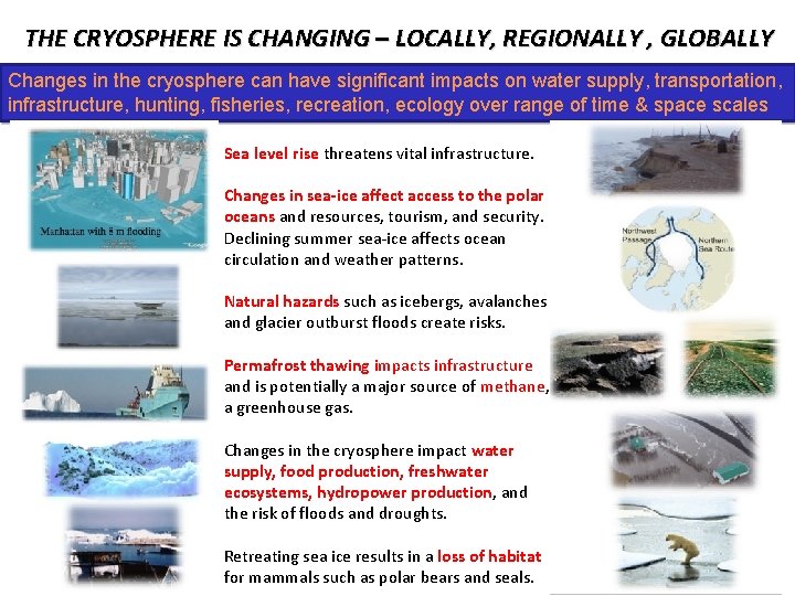 THE CRYOSPHERE IS CHANGING – LOCALLY, REGIONALLY , GLOBALLY Changes in the cryosphere can